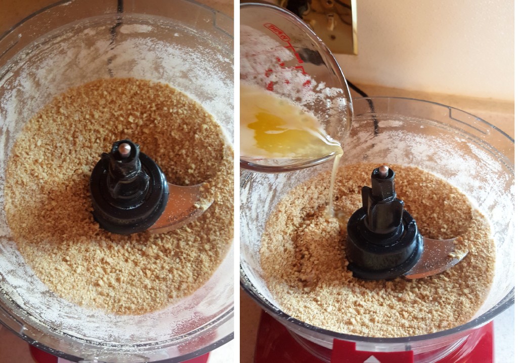 A food processor with Graham Crackers and then butter is added to the mixture. 