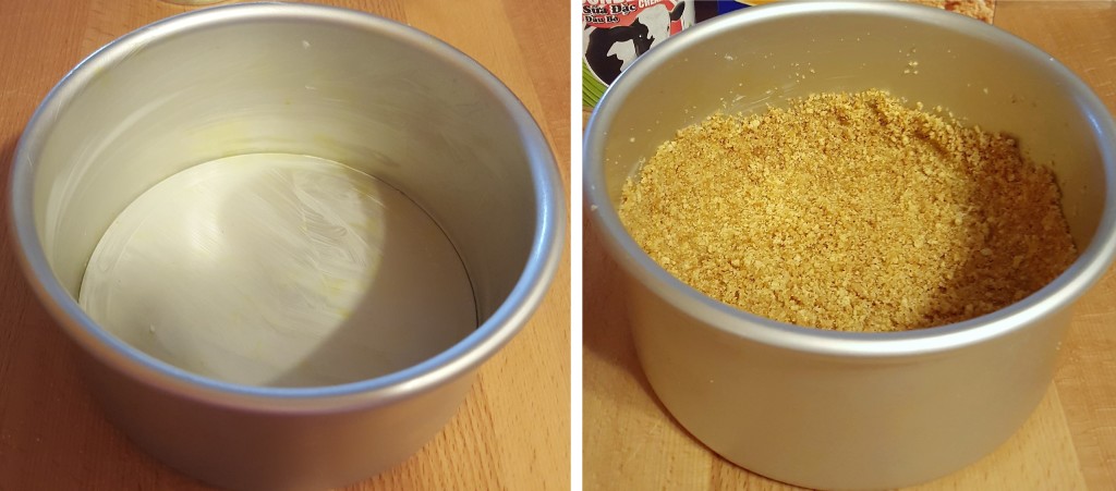 A grease cheesecake pan on the left and a cheesecake pan on the right with a crumb mixture in it.