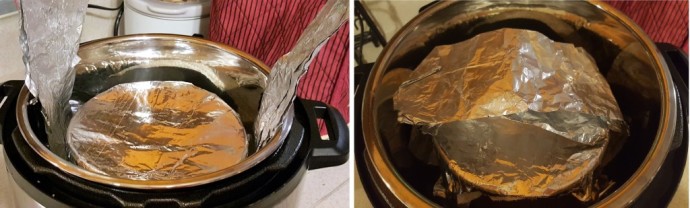 A Homemade Sling made out of tin foil being lowered into a cheesecake pan into the Pressure Cooker and placed on top of the trivet.
