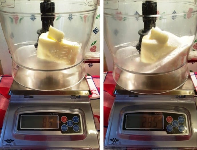 Butter being weighed on a scale and then the next image is of the butter and sugar being weighed on a scale together. 
