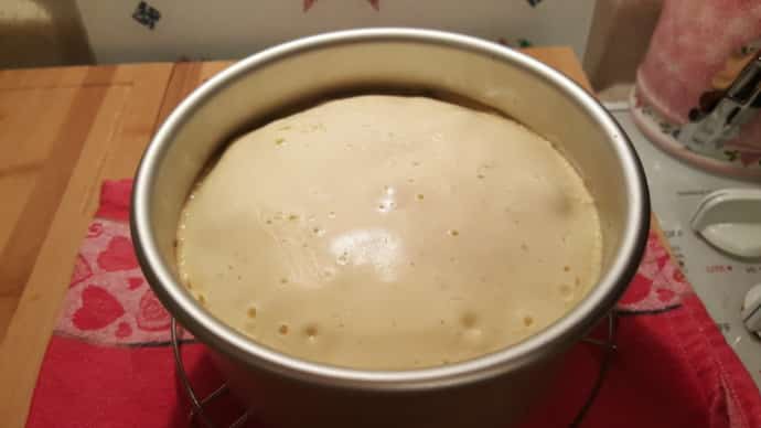 A round baking pan with cooked Cheesecake inside of it on top of a trivet.