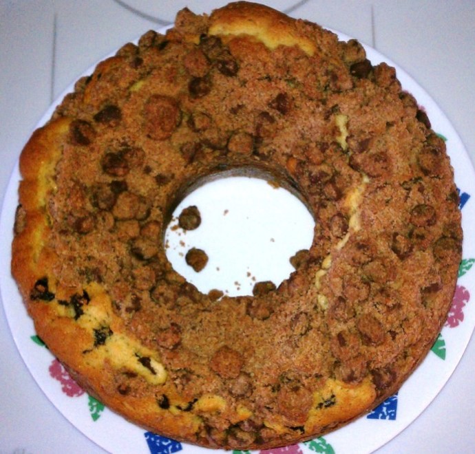 A close up of a Chocolate Chip Coffee Cake on a plate