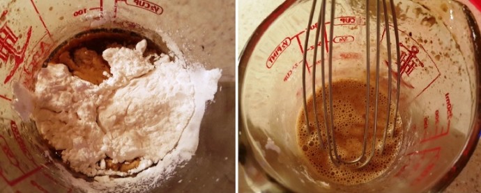 Measuring jar with potato starch and the next image of it being whisked with liquid