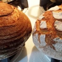 Two loaves of Country Sourdough Bread on top of a counter.