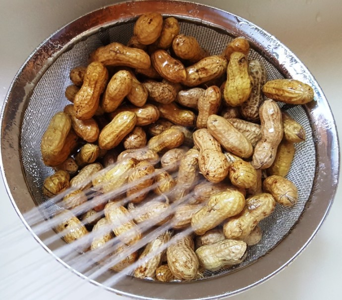 A sieve with boiled peanuts being rinsed with water