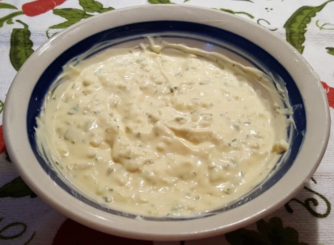 While the eggs and potatoes are cook, it is a great time to prepare the dressing.