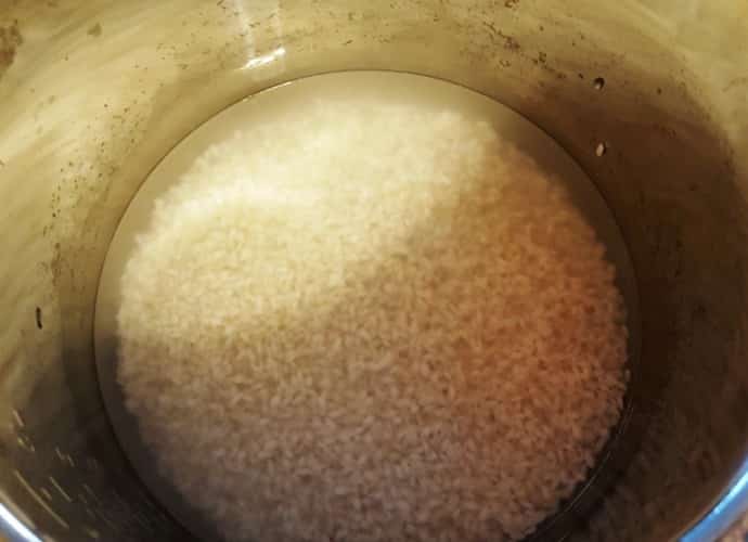 A close up of rice and water in an Instant Pot