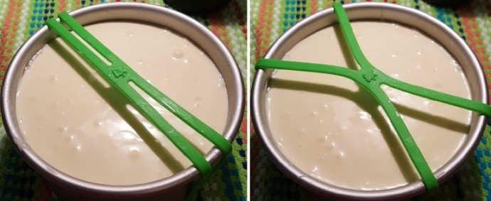 Two images showing how to adjust the Grafiti Bands Cross Style so it forms an X on the pan