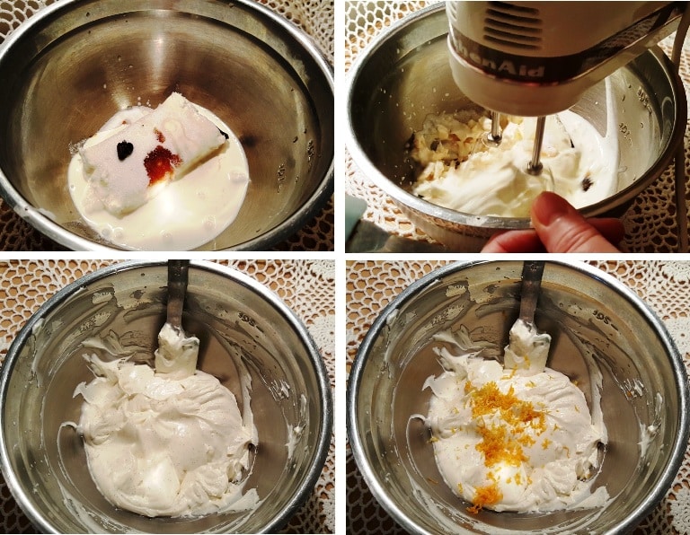 Step by step images: Image 1 Cheesecake ingredients, Image 2 Whipping the ingredient with a Kitchen Aid food processor. Image 3 Picture after whipping the ingredients Image 4 Folding in the zest