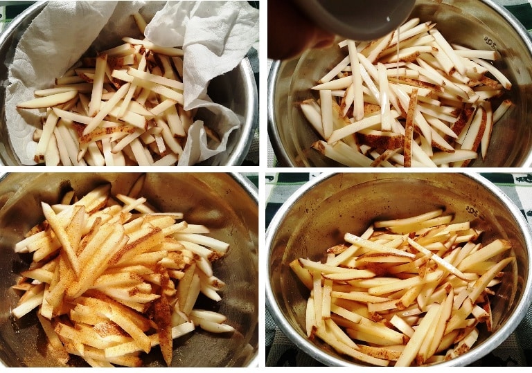 4 images showing 4 steps: Step 1 Pat dry the fries with a paper towel or tea towel Image 2  Pour over the oil Image 3 mix in the oil. Image 4 Sprinkle the Seasoned Salt and toss to coat.
