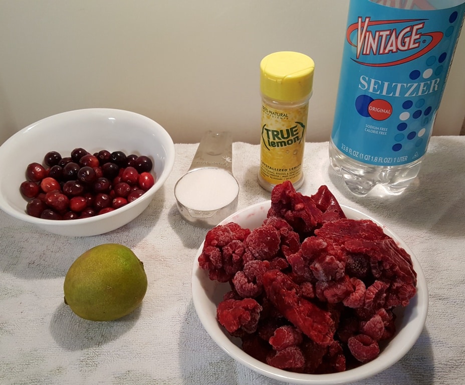 Cast of Ingredients for Holiday Raspberry Cranberry Spritzer