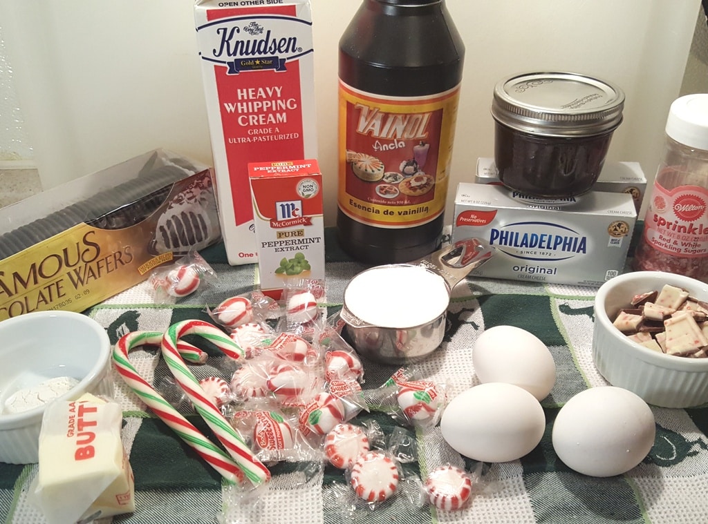 Cast of Ingredients for Instant Pot Peppermint Milkshake Cheesecake