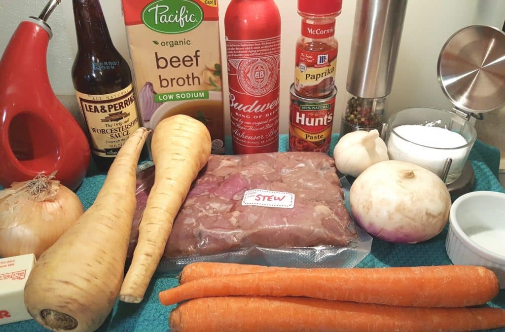 Cast of Ingredients for Pressure Cooker Beef Stew with Root Vegetables 