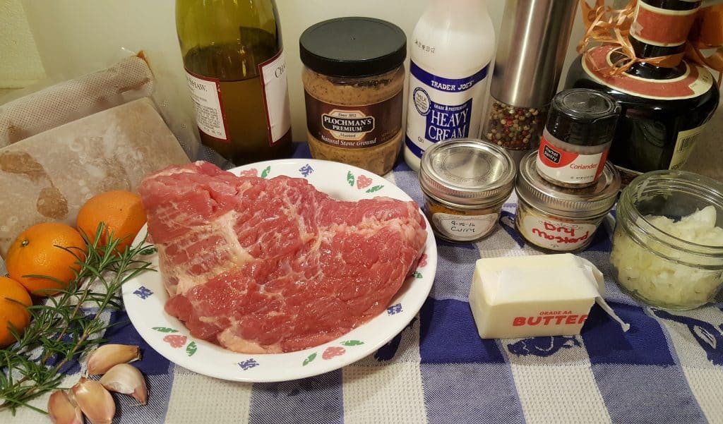 Cast of Ingredients for Pressure Cooker Corned Beef with White Wine Brandy Mustard Sauce