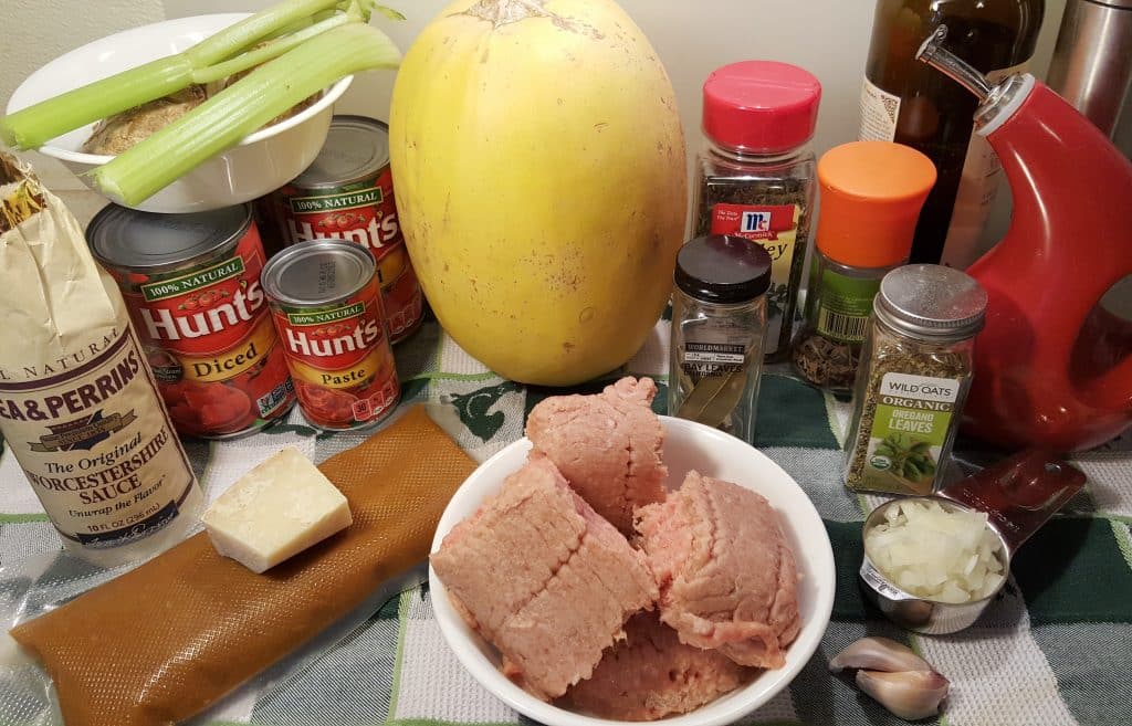 Cast of Ingredients for Pressure Cooker Spaghetti Squash and Meat Sauce