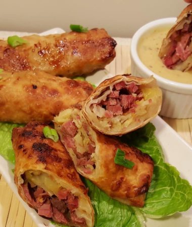 Air Fryer Pub Style Corned Beef Egg Rolls with White Wine Mustard Sauce