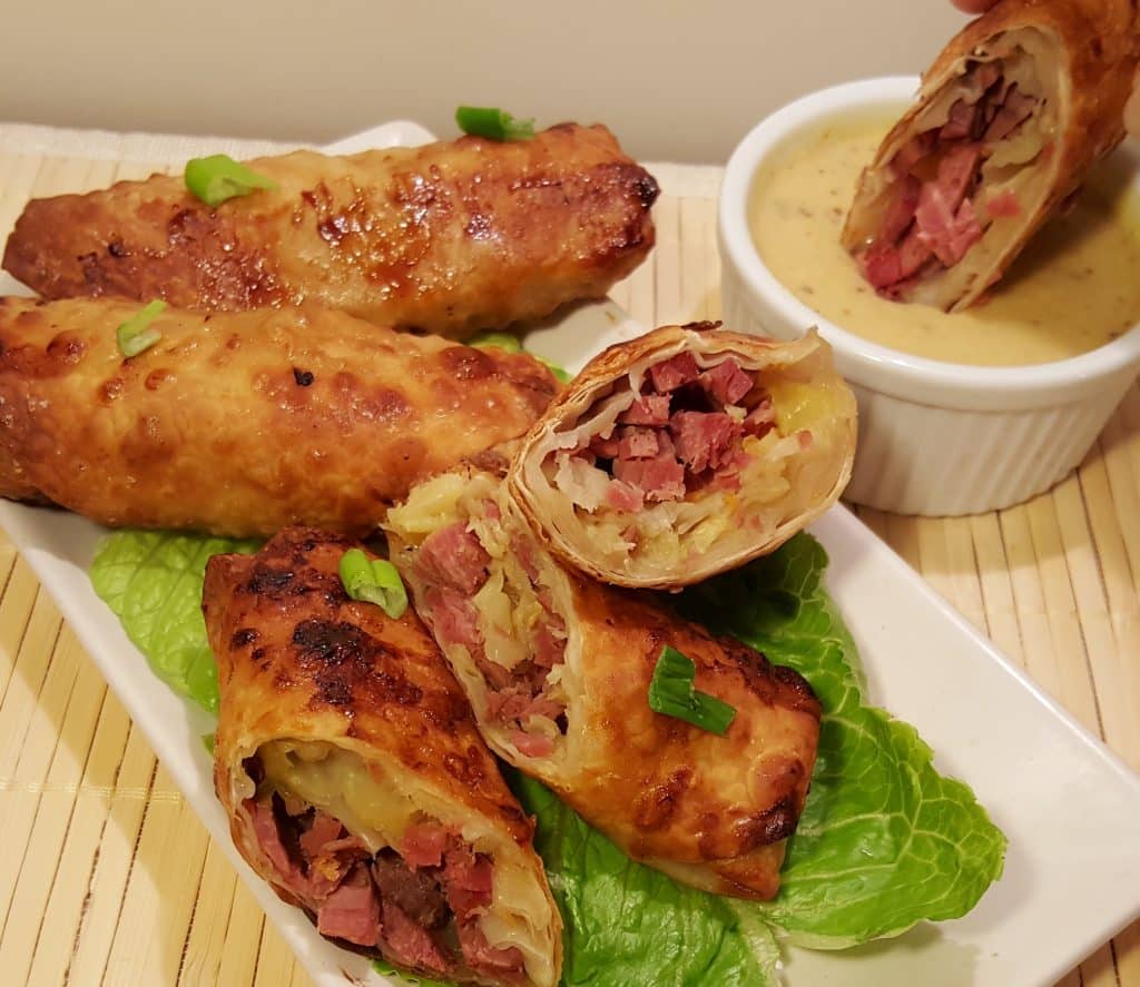 Air Fryer Pub Style Corned Beef Egg Rolls with White Wine Mustard Sauce