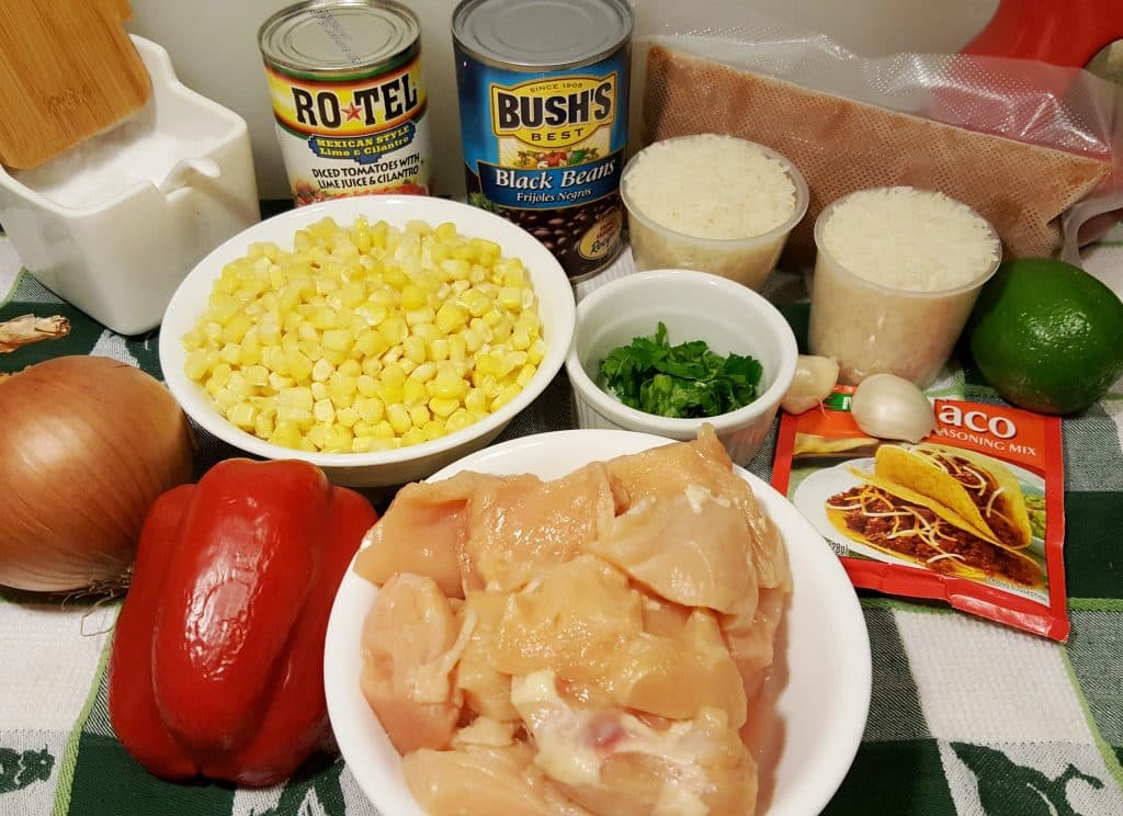 Cast of Ingredients for Pressure Cooker Chicken Burrito Bowls