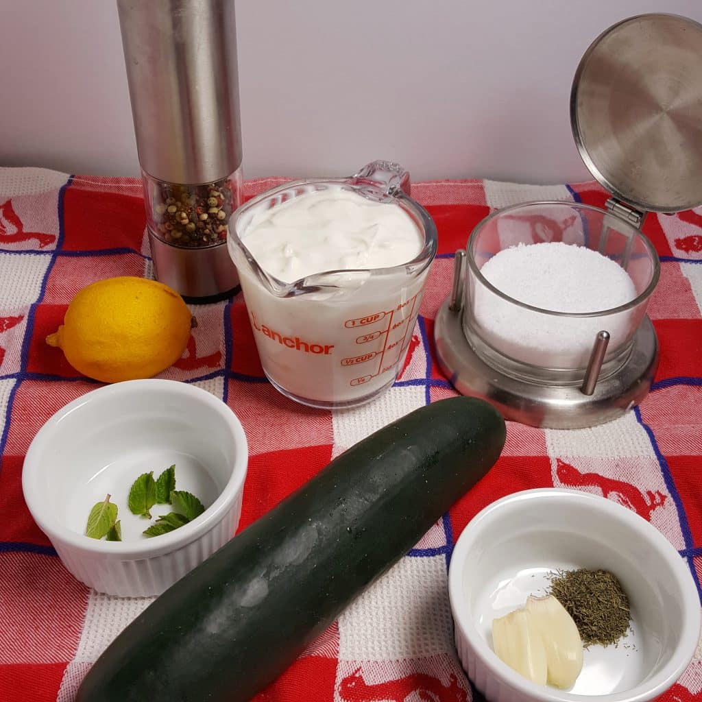 Cast of Ingredients for Greek Tzatziki Sauce Recipe {Garlic Cucumber Yogurt Dip}
