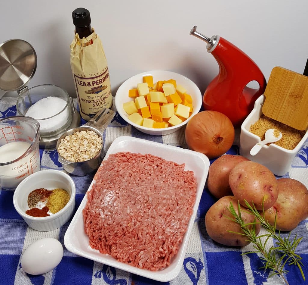 Cast of Ingredients for Pressure Cooker Cheeseburger Meatloaf and Rosemary Potatoes