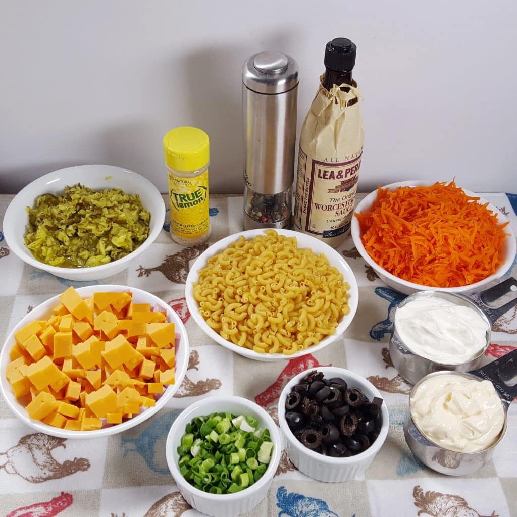 Cast of Ingredients for Instant Pot Macaroni Salad
