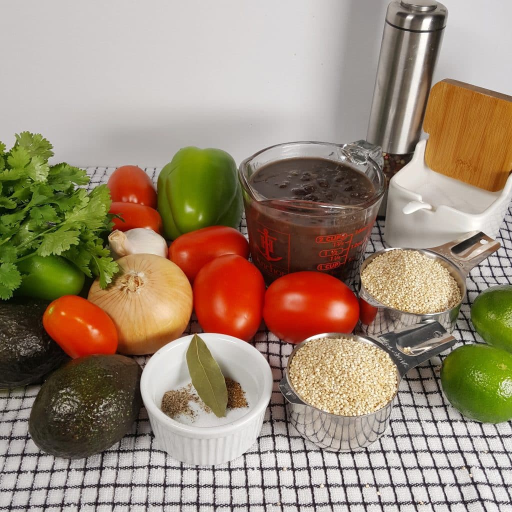Cast of Ingredients for Pressure Cooker Cuban Black Bean Quinoa Bowls