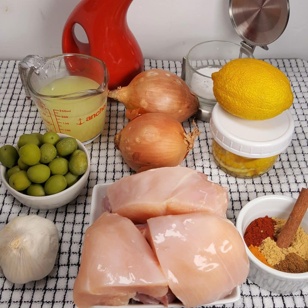 Cast of Ingredients for Pressure Cooker Moroccan Lemon Chicken with Olives
