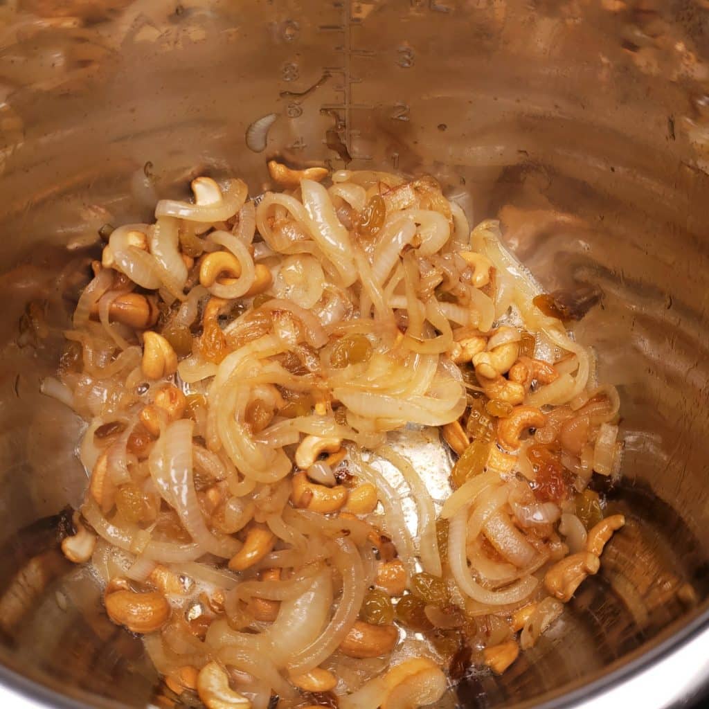 Caramelized Onions, Toasted Cashews and Raisins