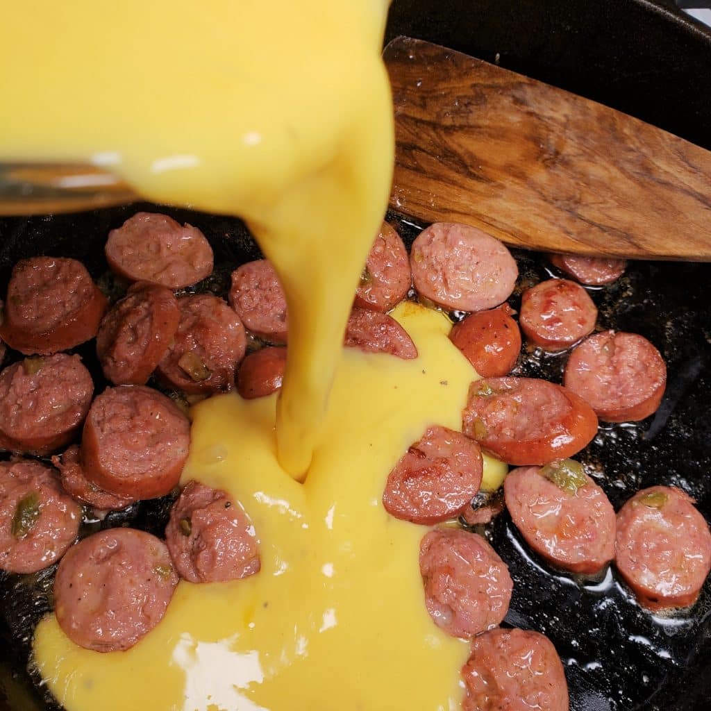 Whisked Eggs Into Skillet with Sausages