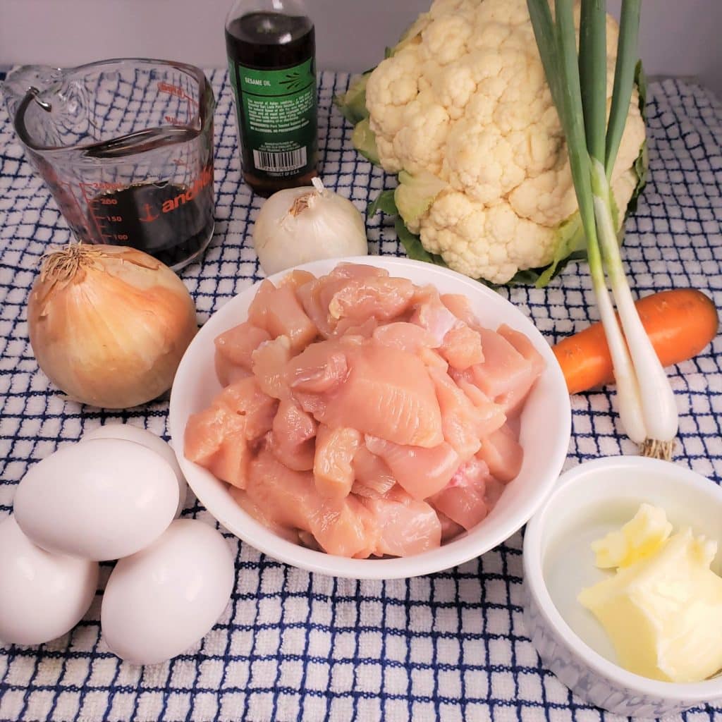 Cast of Ingredients for Pressure Cooker Chicken Fried Cauliflower Rice