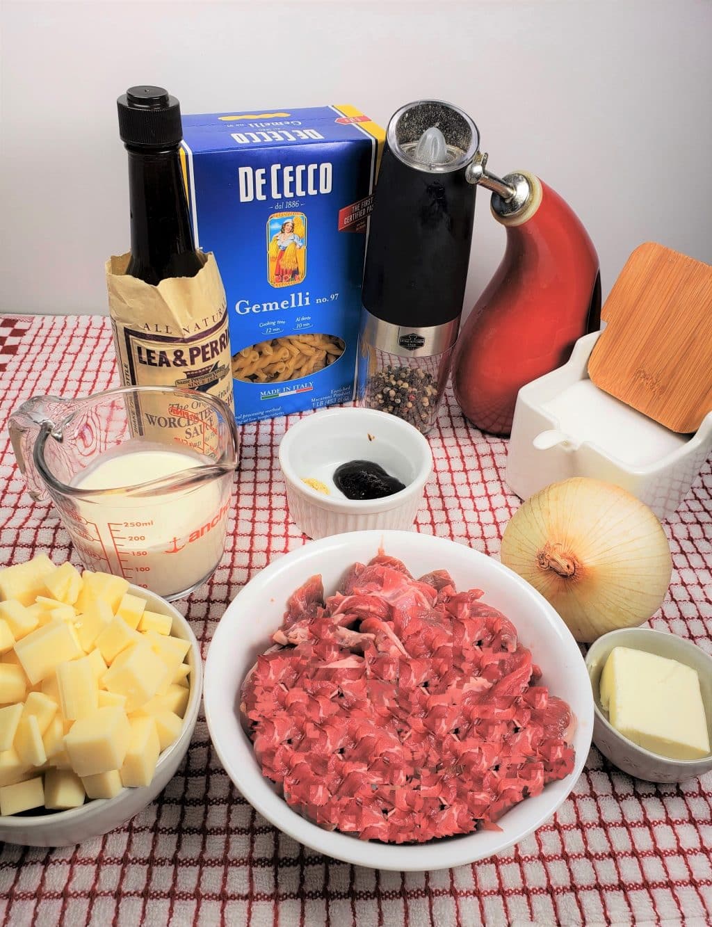 Cast of Ingredients for Instant Pot Philly Cheesesteak Pasta