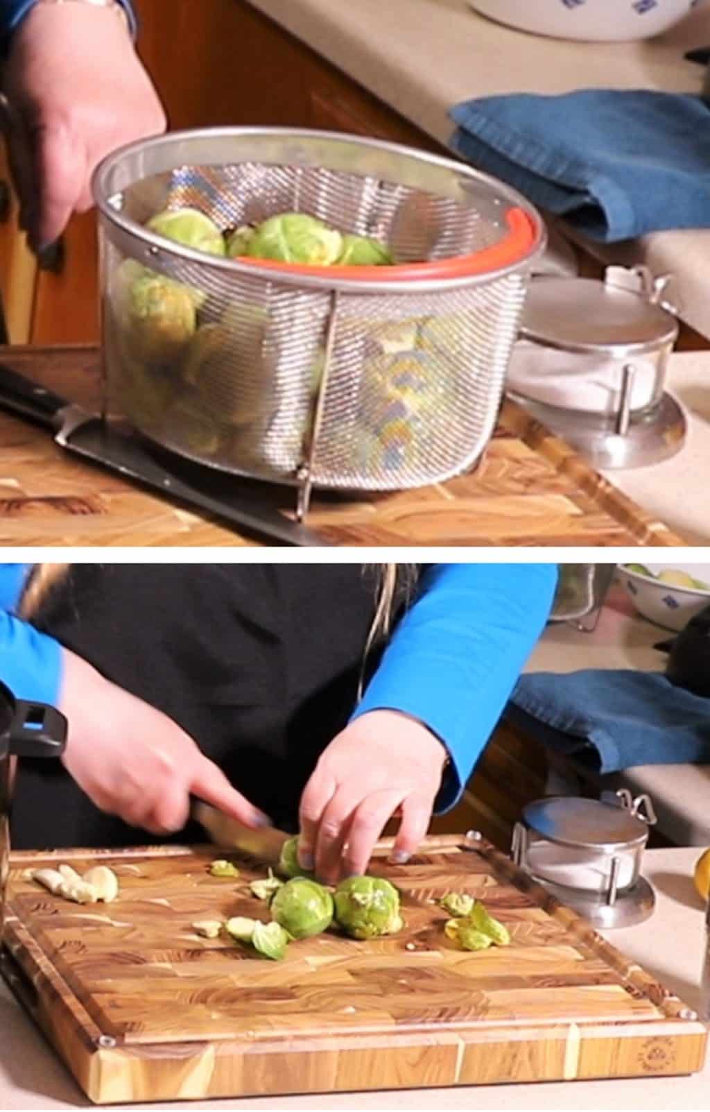 Prepare Brussels Sprouts by Washing and Cutting in Half