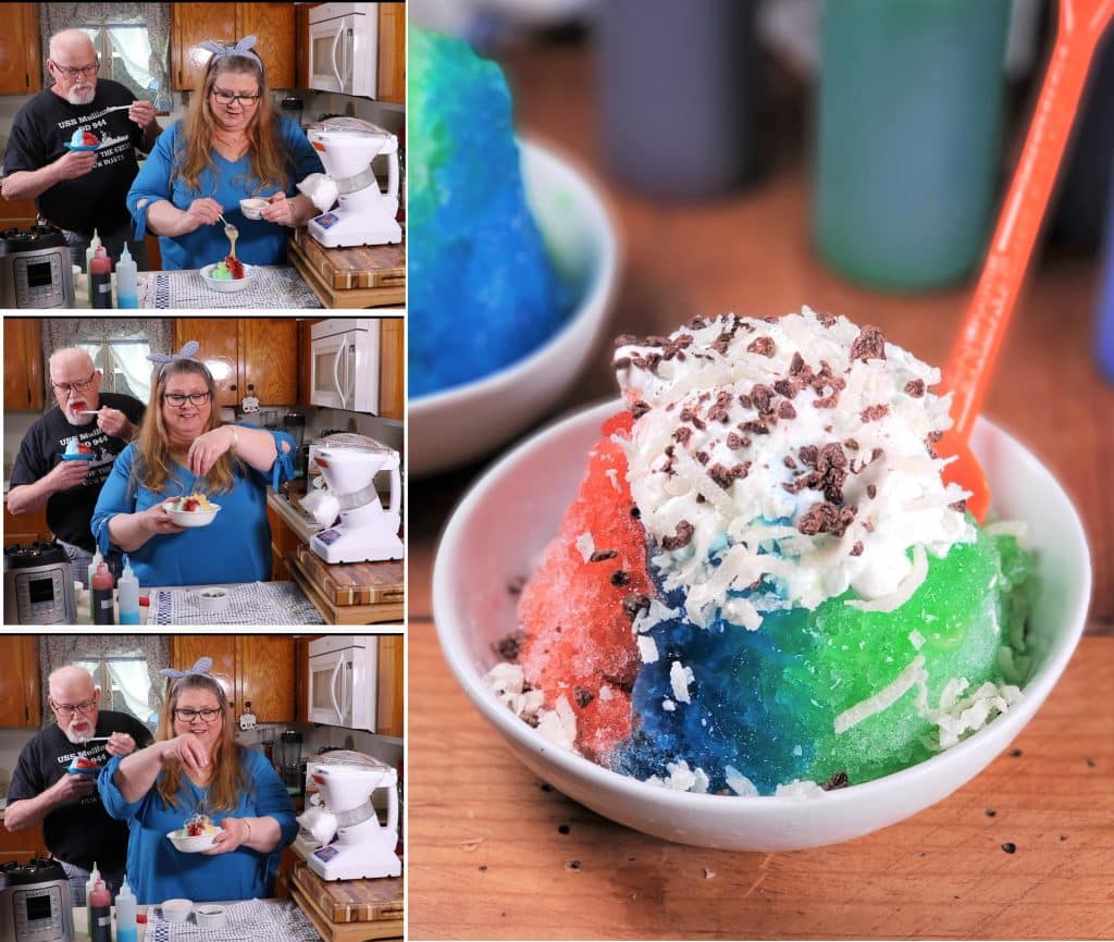 Adding Condensed Milk, Chocolate Chips and Coconut to Make a Keto Fat Bomb Shave Ice