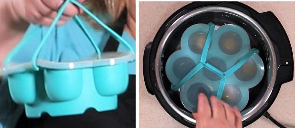 Egg bite tray is lowered into pressure cooker