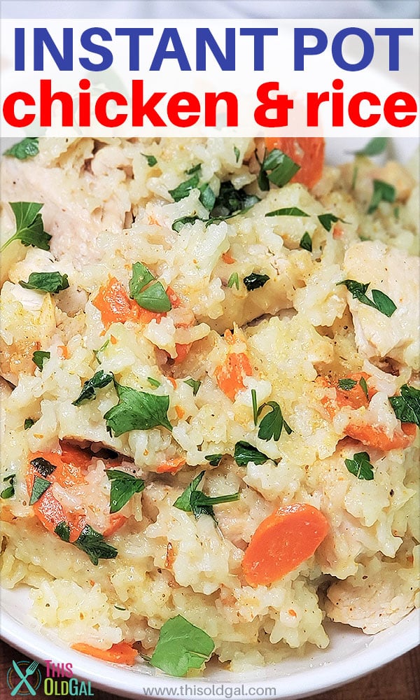 A close up of a plate of Instant Pot Chicken and Rice garnished with parsley.