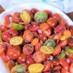 Aqua and Pink Fresh Tomato Salad Pinterest pin. Salad is in a white bowl.