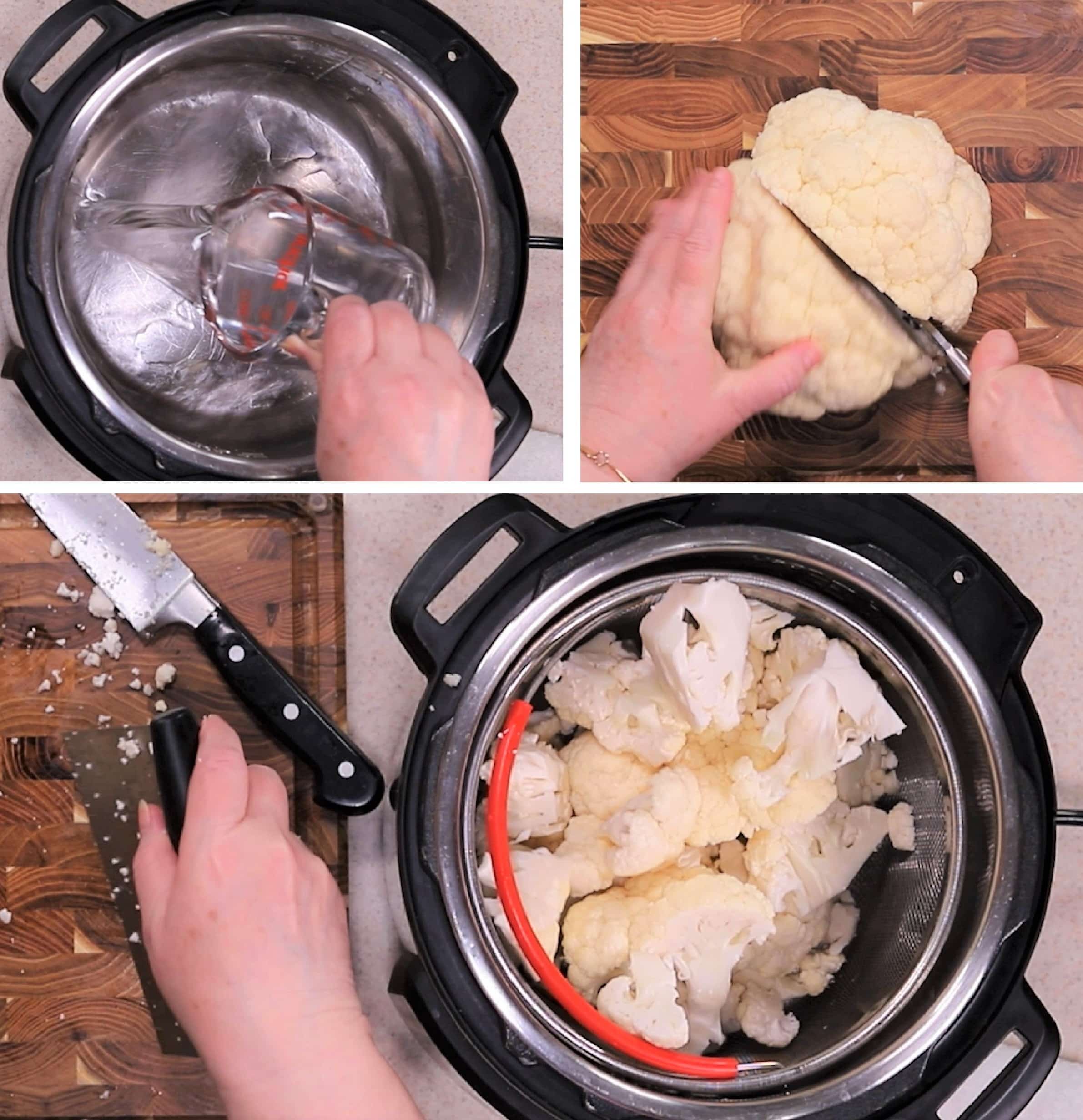 Pouring water from glass measuring cup into instant pot. Then cutting cauliflower with a knife and then using a bench knife to put cauliflower into steamer basket and put into Instant Pot.