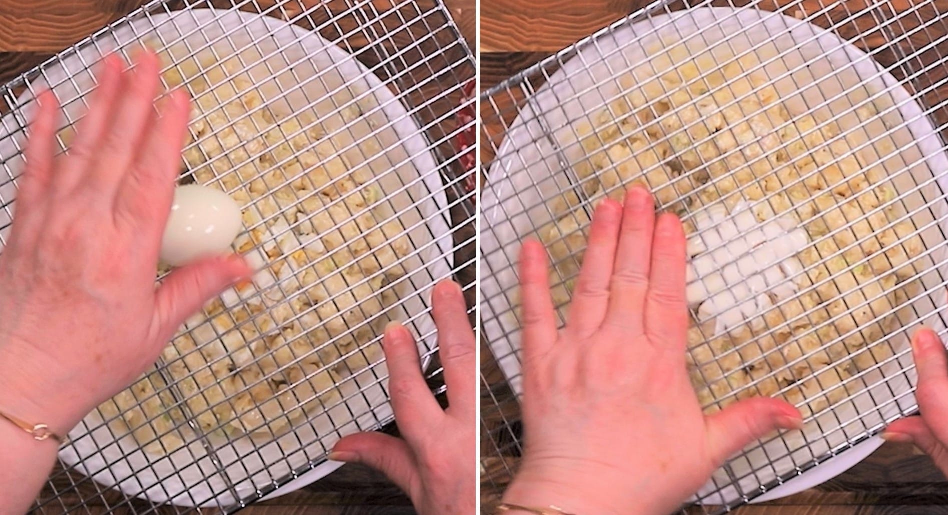 Two photos both with white bowl full of cauliflower salad. First photo shows a baking rack over the bowl with one egg and Jill's hand pushing the egg through the grates. Second photo shows Jill's hand rubbing the left on egg off the grates and into the bowl.