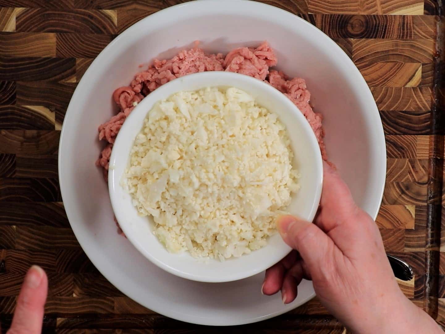 Add Riced Cauliflower to Meat Mixture